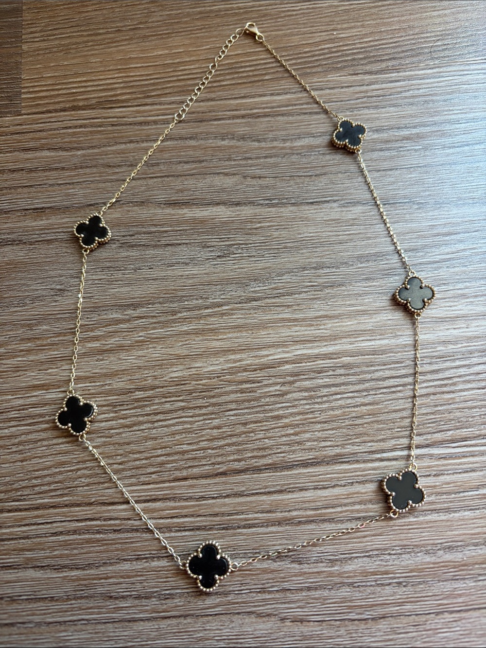 Gold Clover Station Necklace with Black Inlay